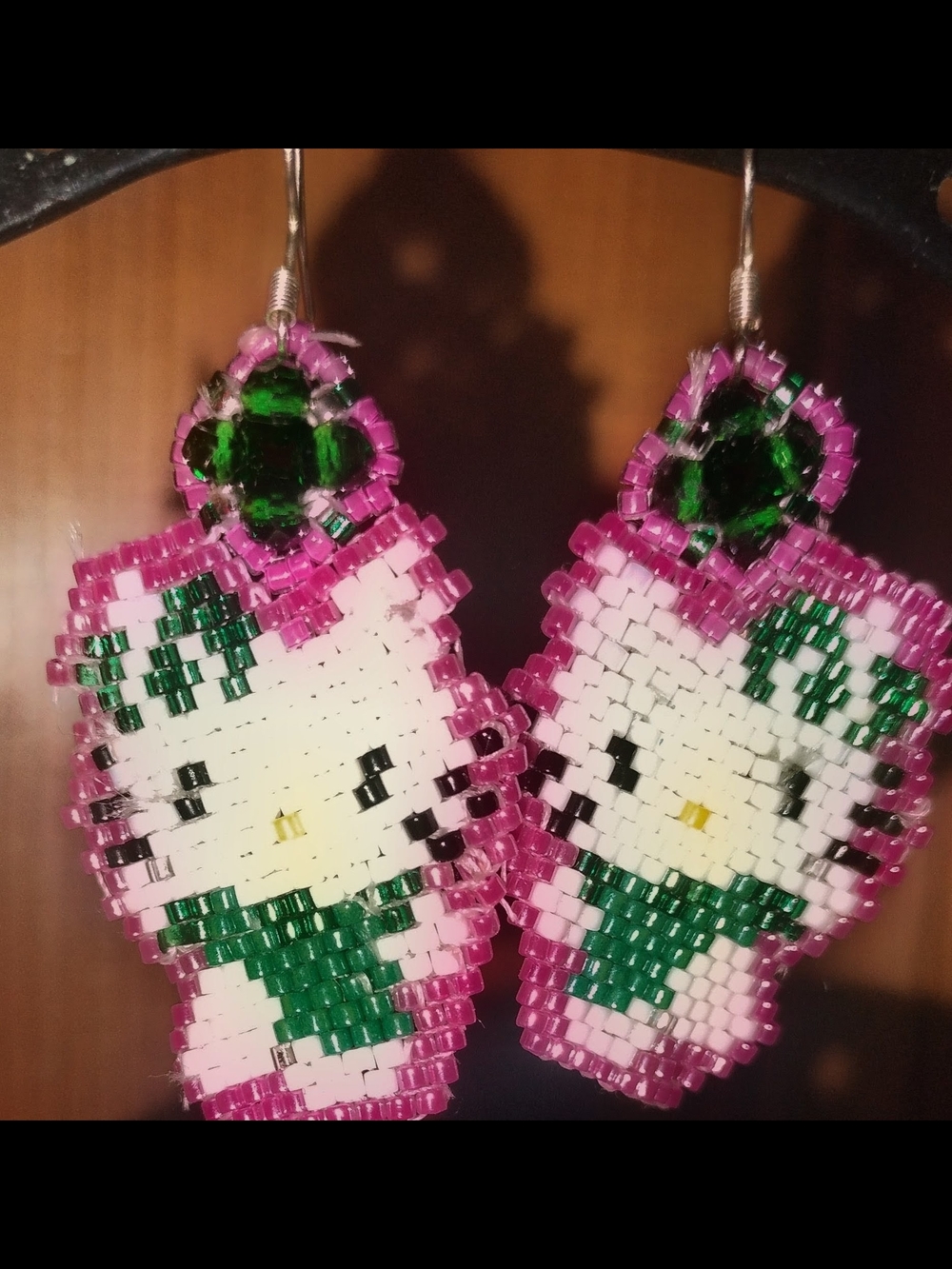 Beaded Hello Kitty Style Pink & Green Earrings